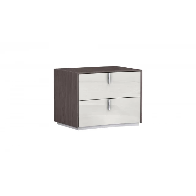 Brown oak gray drawer nightstand with cabinetry design and shelving features