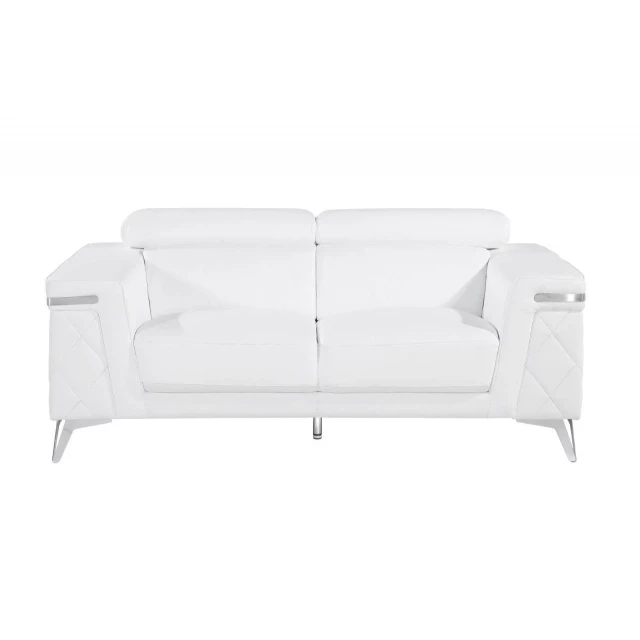 White silver metallic leather loveseat with comfortable cushioning and modern design