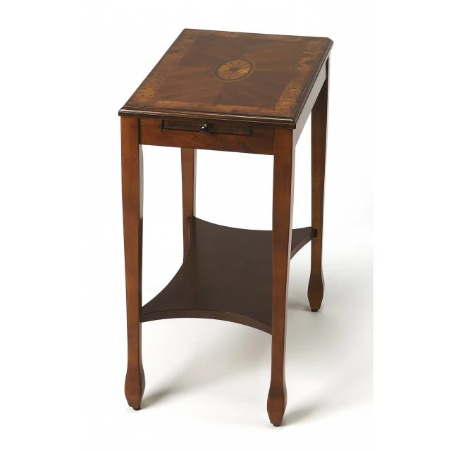 Manufactured wood rectangular end table with shelf and varnish finish in natural hardwood