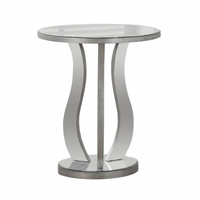Silver mirrored round end table with glass and cylinder design elements