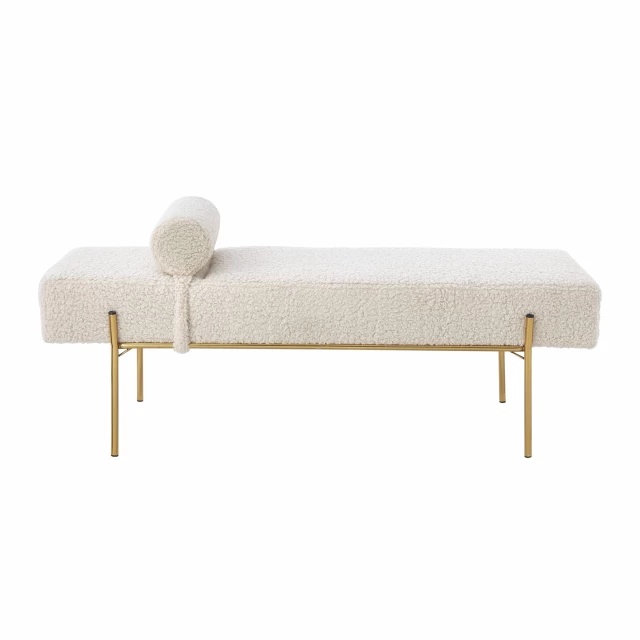 Beige gold upholstered sherpa bench with wood armrests and comfortable rectangle seat for outdoor use