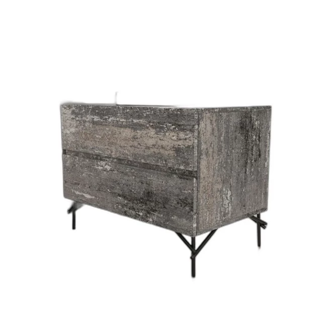 Distressed gray drawer nightstand with hardwood pattern and metal accents