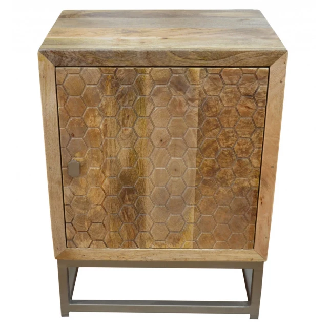 Natural wood nightstand with rectangle tabletop and wood stain finish in outdoor setting