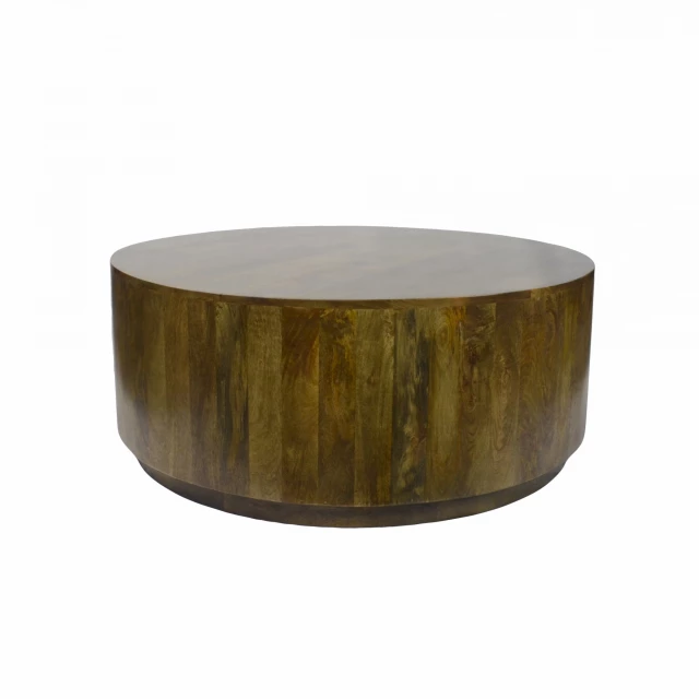 Solid wood round distressed coffee table with natural and composite materials