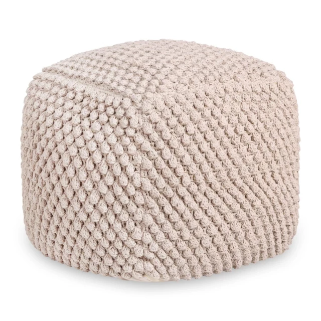 ivory cotton blend pouf ottoman with beige wicker art design
