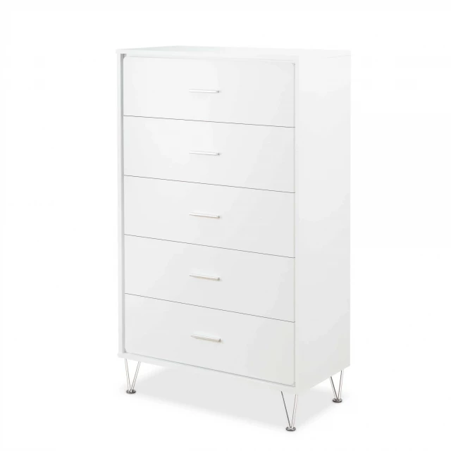 White manufactured wood five drawer chest for bedroom storage