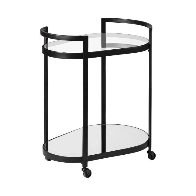 Metal mirror glass shelves bar cart with circular and rectangular shapes showing balance and still life elements