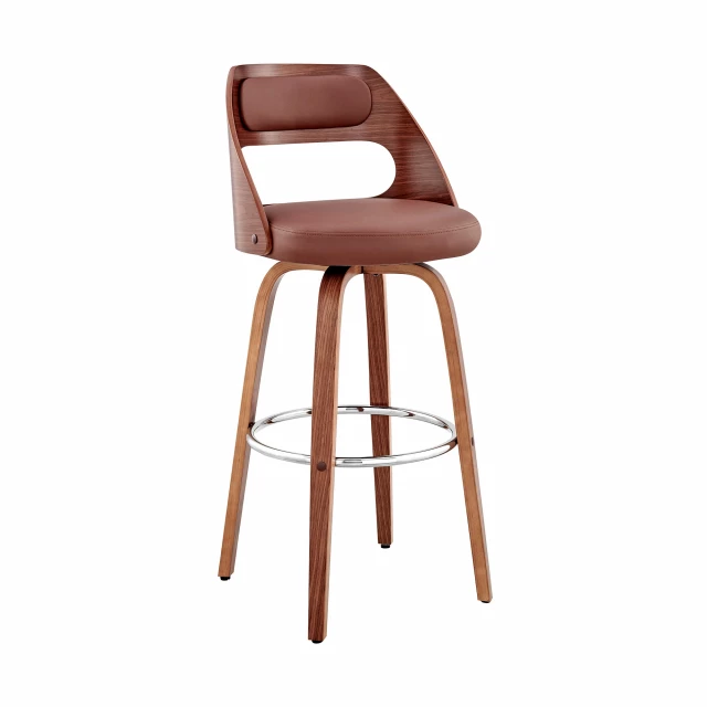 Leather swivel bar height chair with wood armrests and comfortable stool design