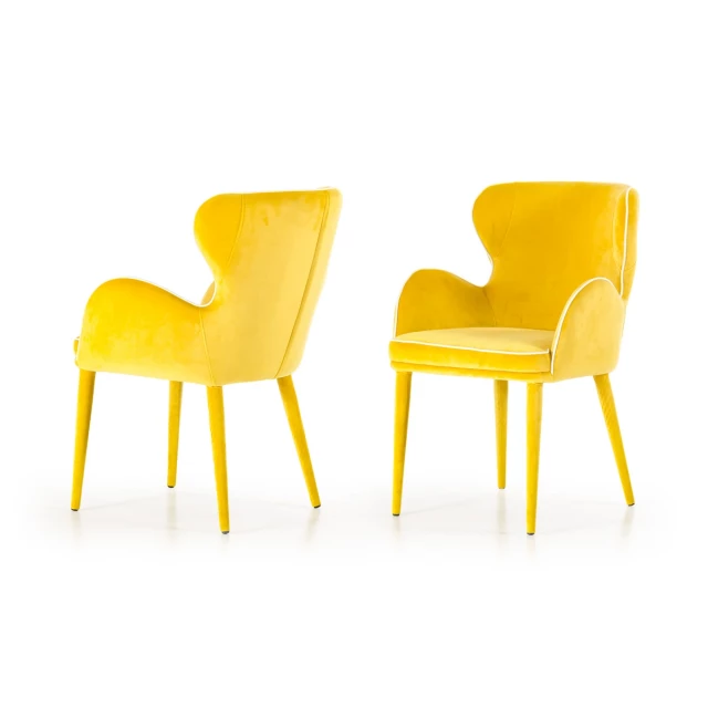 Yellow fabric metal dining chair with wood armrests and comfortable outdoor design
