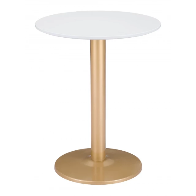 Gold white round end table with wood textures and natural shades
