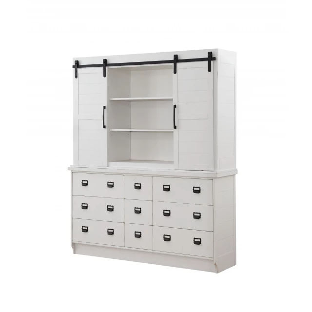 Antique white hutch buffet with cabinetry shelving and wood chest of drawers