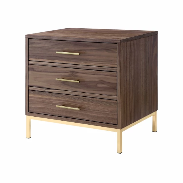 Wood brown veneer end table with drawers featuring cabinetry design and varnished finish