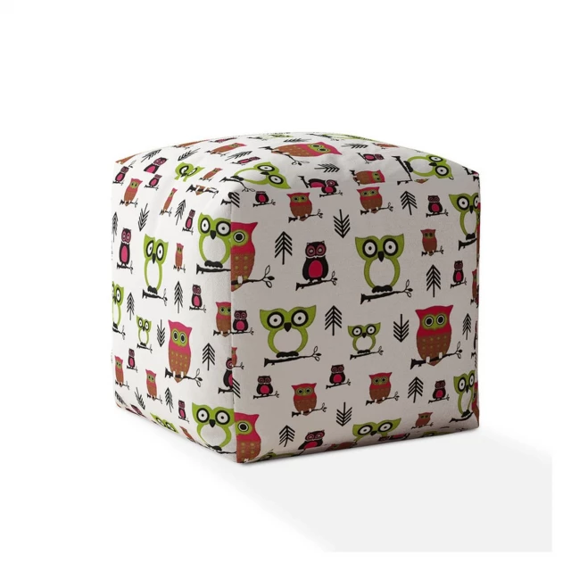 Green and white cotton pouf ottoman with owl pattern and artistic design elements
