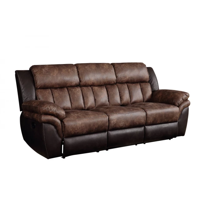 Espresso black microfiber reclining sofa with brown wood accents and comfortable cushioning