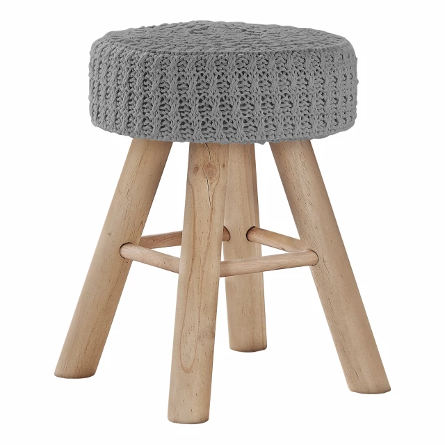 Gray cotton blend natural round ottoman with wood and wicker pattern details