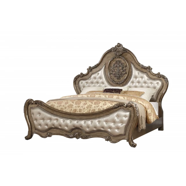 vintage oak wood upholstery king bed in elegant bedroom setting