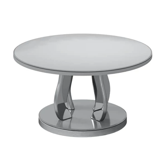 Silver mirrored round coffee table with circle and rectangle design elements