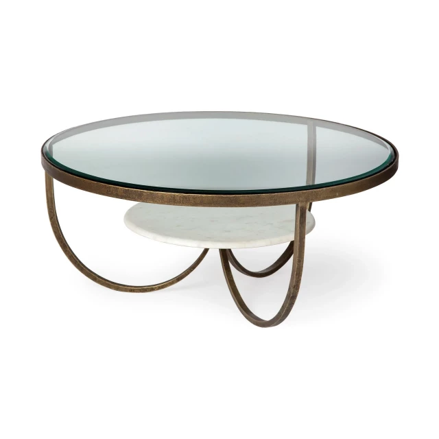 Gold brown round coffee table in a furniture setting