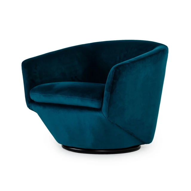 Teal velvet barrel chair with black solid base and comfortable plush seating