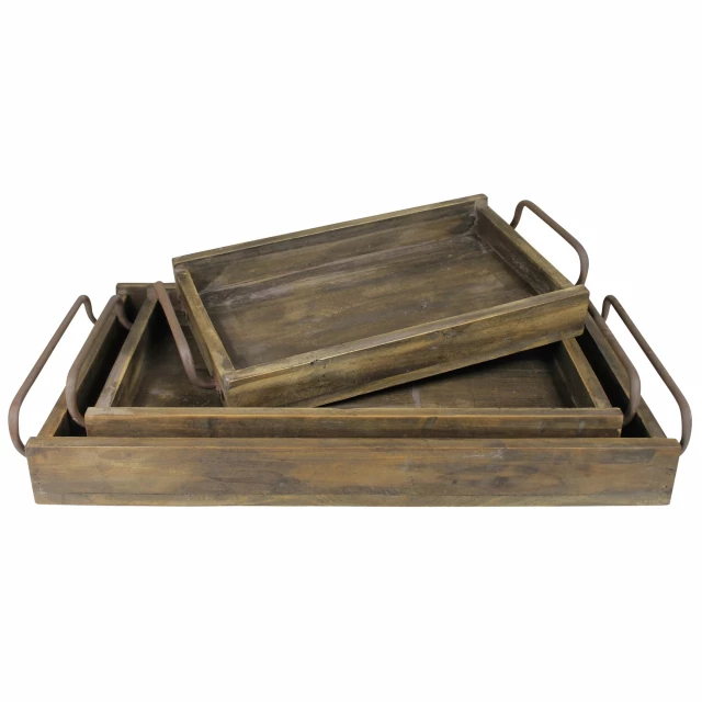 wooden trays made of hardwood with metal accents and wood stain finish