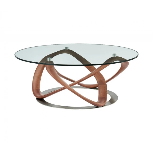 Clear glass abstract round coffee table with metal accents in a modern design