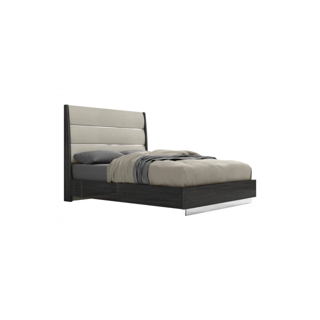 Glossy black bed frame with faux leather headboard design
