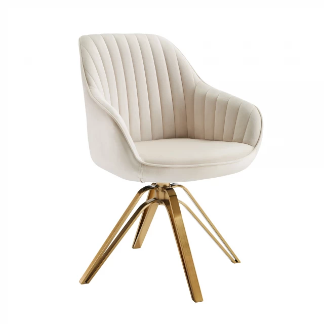 White velvet gold swivel arm chair with comfortable armrests and natural wood accents