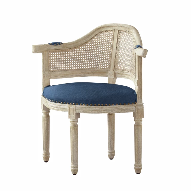 Navy blue beige linen arm chair with wood armrests and wicker details