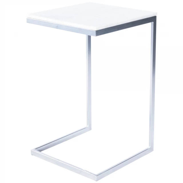 Marble square C-shaped end table with wood texture and electric blue accents in outdoor setting