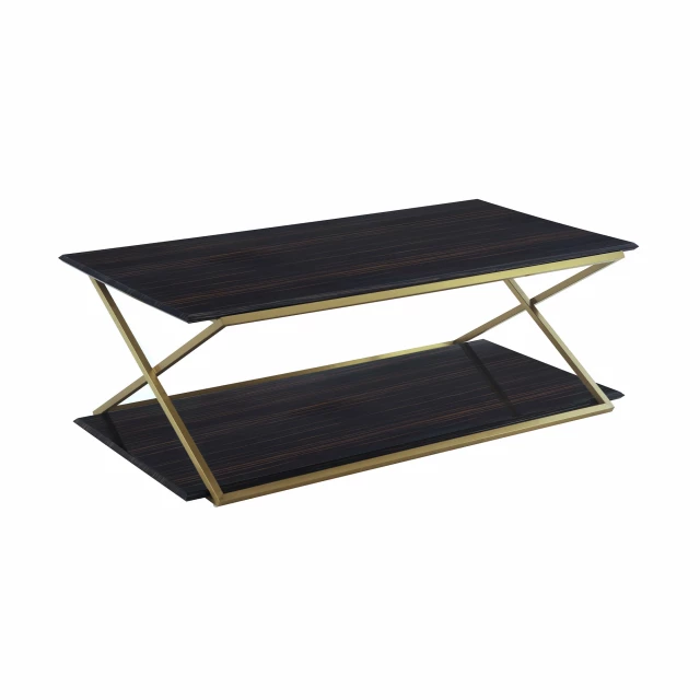 Brown gold metal coffee table with wood shelf and rectangular design