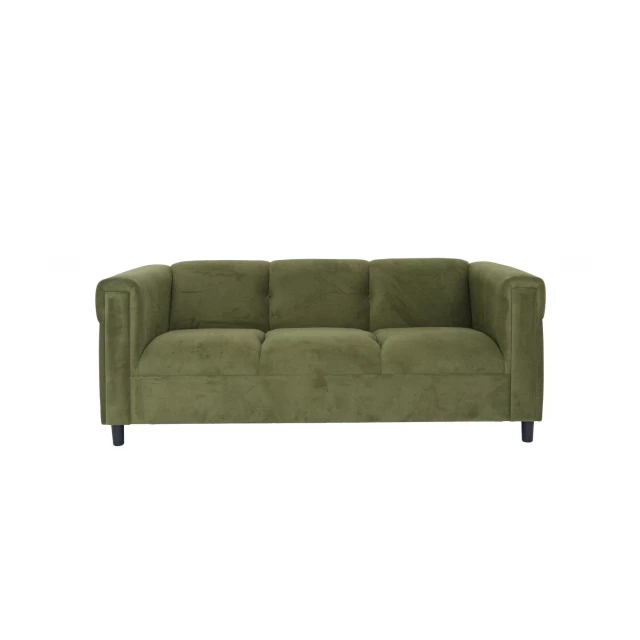 moss green suede black sofa with wood accents and comfortable cushions