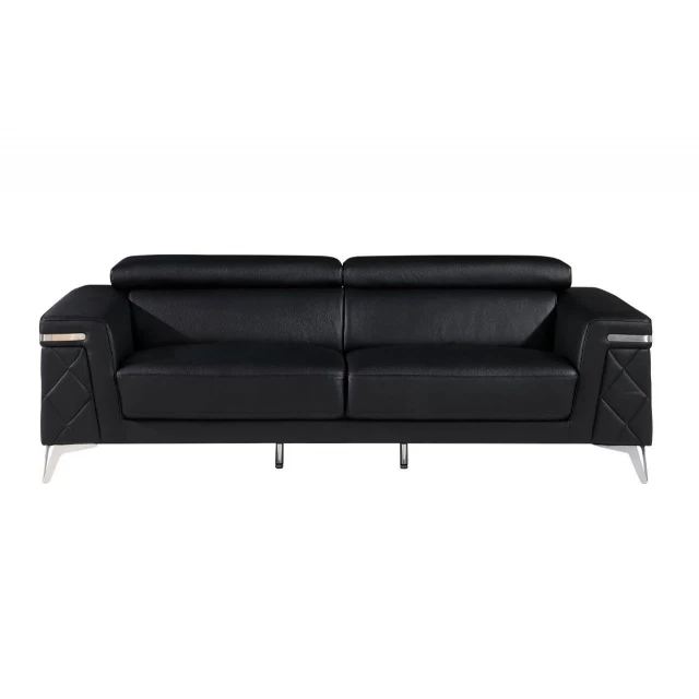 Black silver Italian leather sofa with comfortable rectangle studio couch design and wooden accents