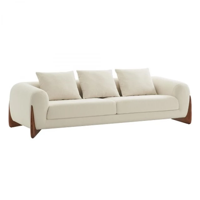 Cream long fabric walnut wood sofa with comfortable studio couch design suitable for outdoor use