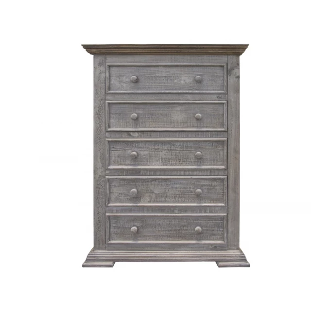 Gray solid wood five drawer chest for bedroom storage
