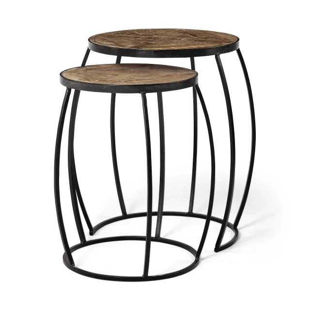 Black metal frame nesting accent tables with wood glass top and cylinder ceiling fixture
