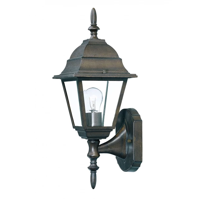 brown swing arm outdoor wall light with street lamp and building in background