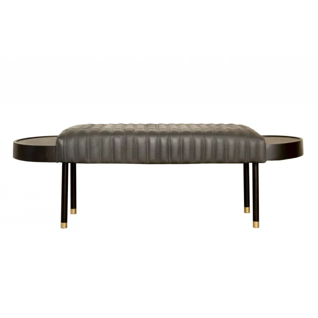 Gray brown leather upholstered bench with wood and metal accents suitable for outdoor furniture