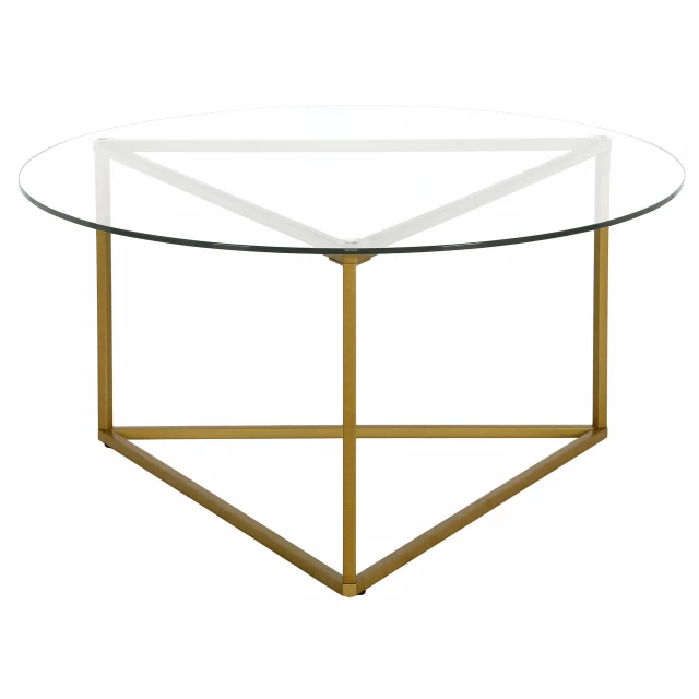 Gold glass steel round coffee table with symmetrical design and parallel lines