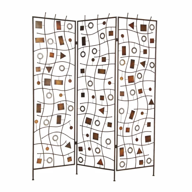 Bronze metal Morton screen with symmetrical line art and square patterns