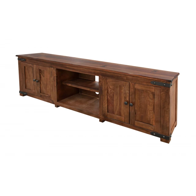 Distressed wooden TV stand with enclosed storage and shelving