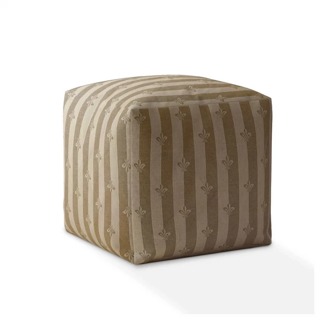 Taupe flax floral pouf cover with synthetic rubber texture and wood flooring background