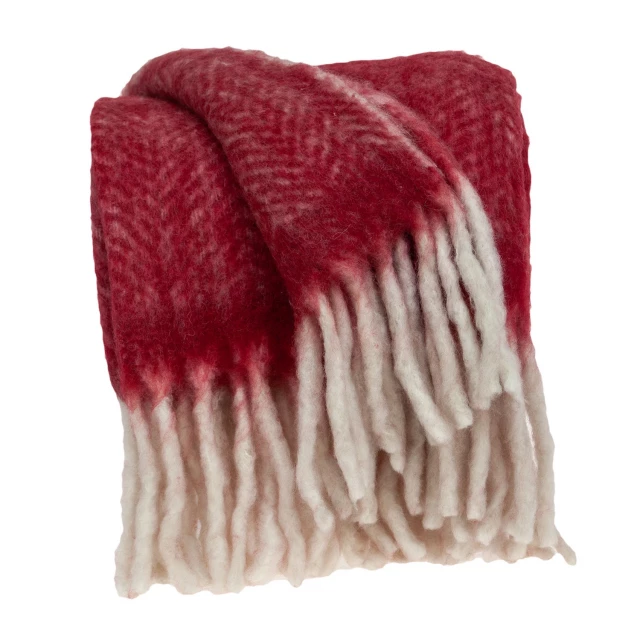Red woven acrylic solid reversible throw showcasing woolen cap style fashion accessory in carmine color