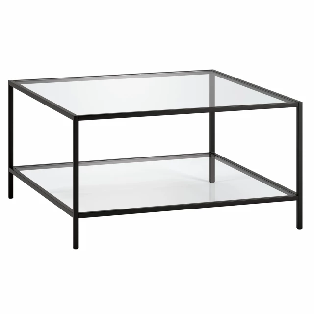 Square glass and steel coffee table with shelf for modern living room decor