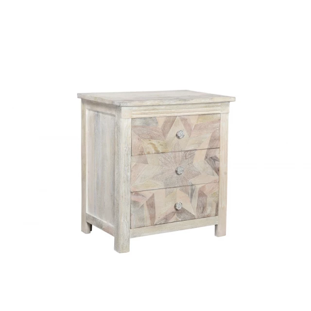Solid wood nightstand with geometric pattern and multiple drawers