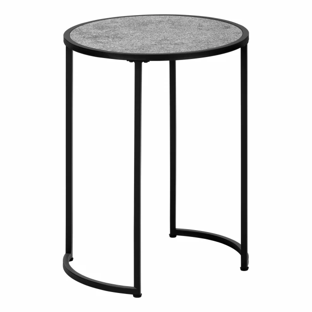 Black gray round end table with art and tableware elements