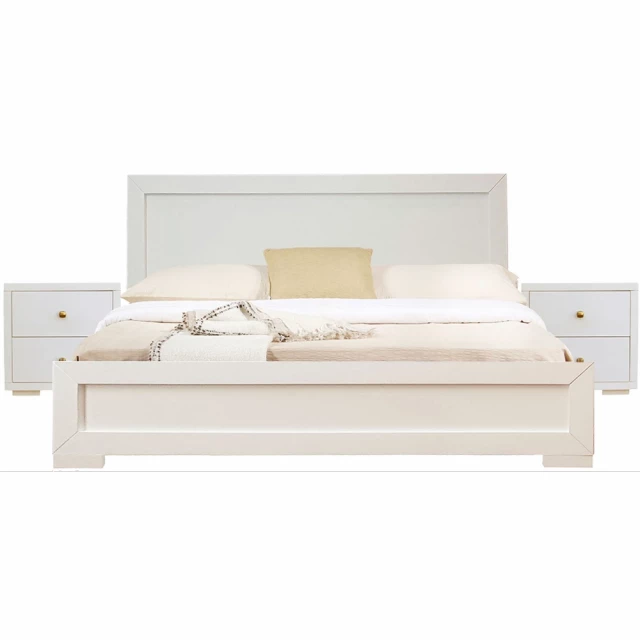 White wood platform queen bed with nightstands for bedroom furniture.