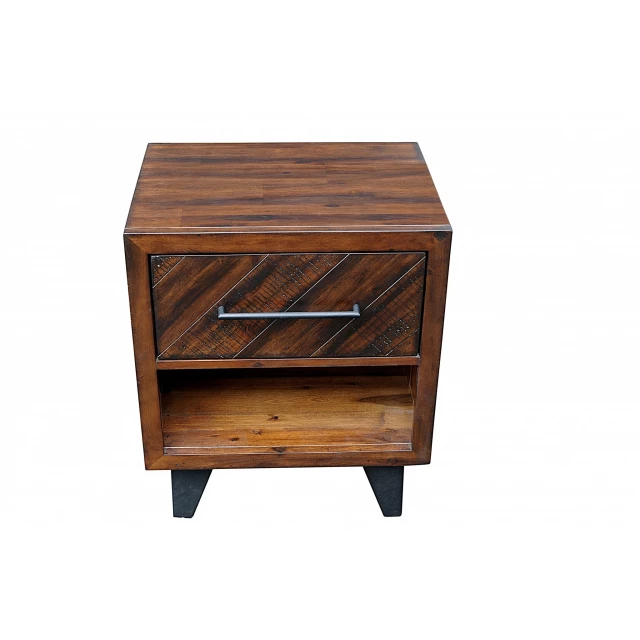 Natural blackened acacia wood nightstand with shelf and wood stain finish