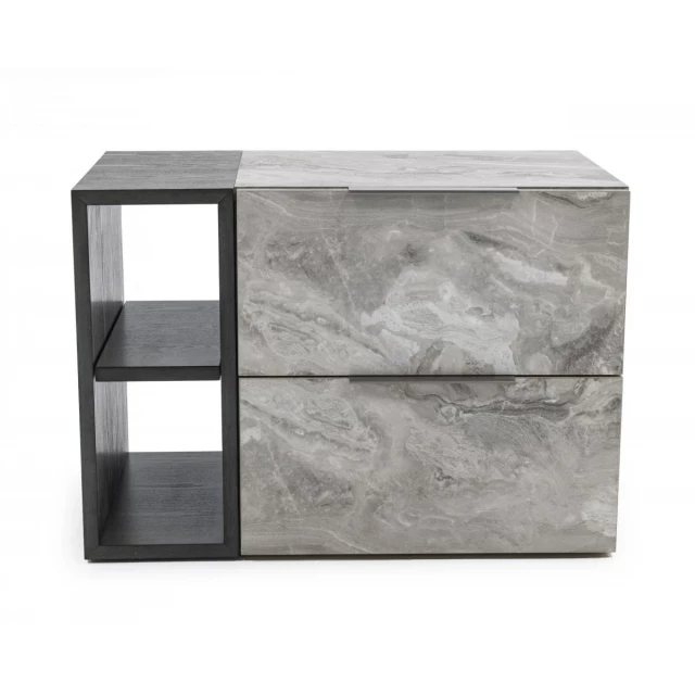 Gray faux marble nightstand with wood stain and metal accents