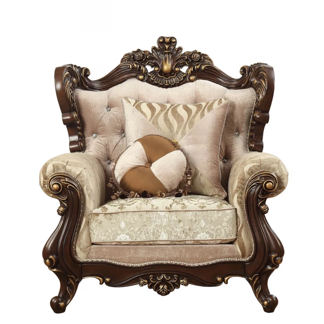 Brown fabric damask tufted chesterfield chair with comfortable armrests and decorative pillow pattern