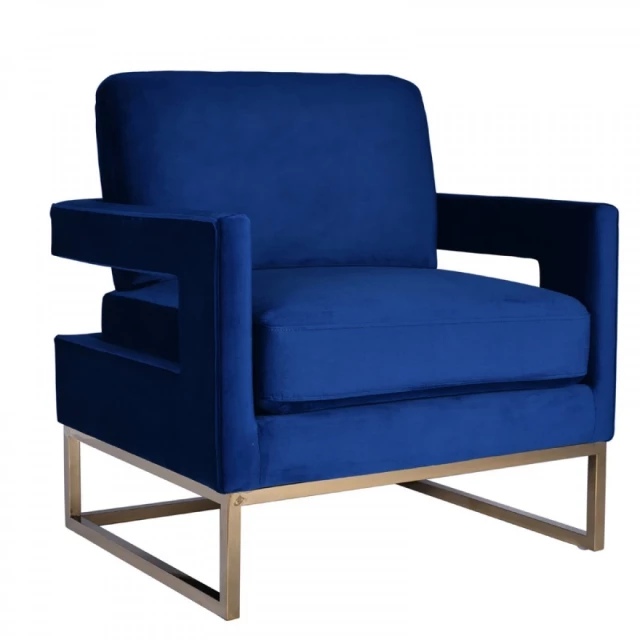 Stylish blue velvet gold steel chair with armrest and comfortable cushioning